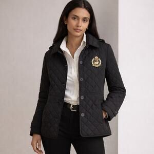 Lauren Ralph Lauren Black Label SZ L Crest-Patch Quilted Hooded Jacket Black